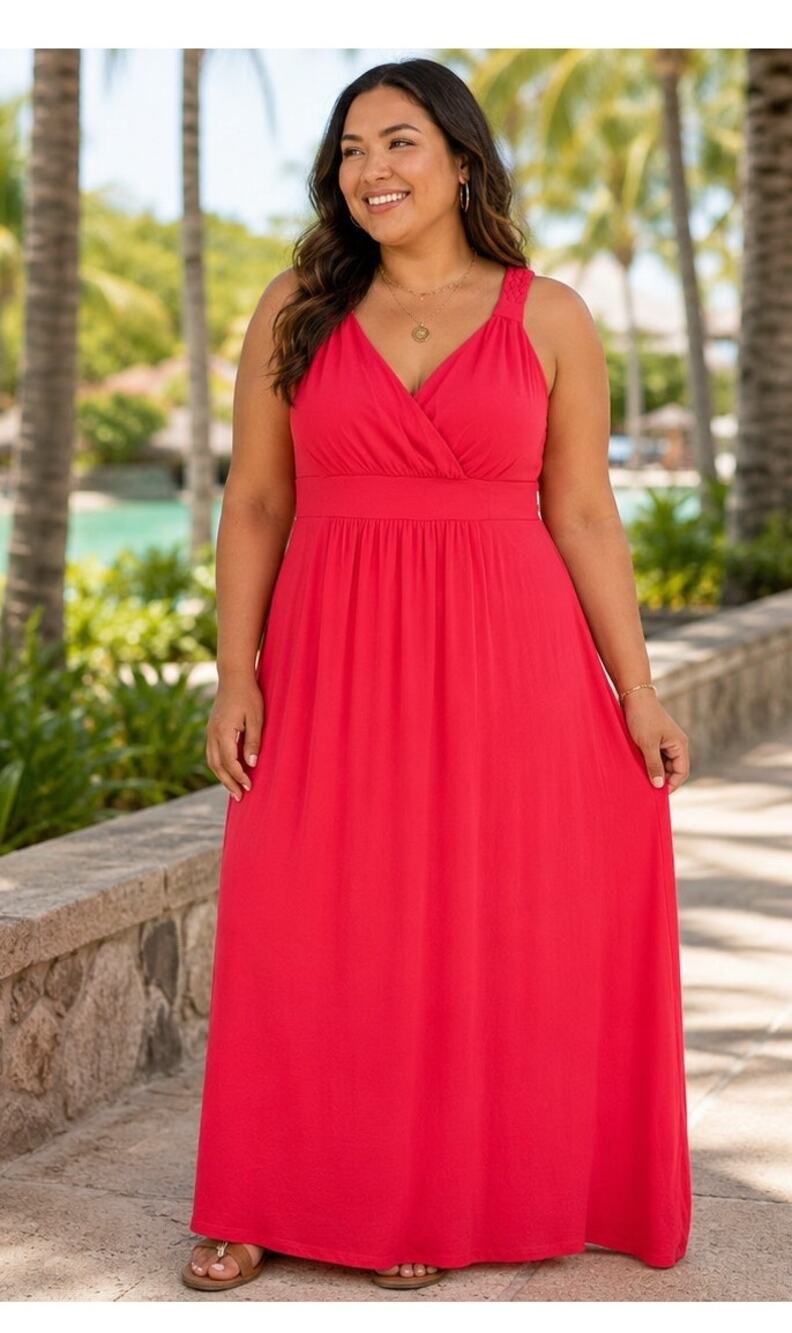 Y2K Maxi Dress Empire Waist Sleeveless Coral Pink 18 20 1X Resort Beach Vacation - Picture 2 of 13